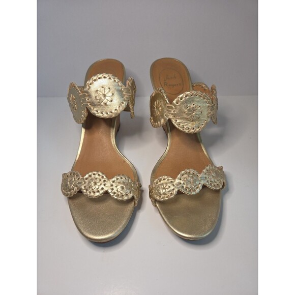 Jack Rogers Gold Leather & Cork High Heel Wedge Strap Sandals Womens Size 9.5 M - Picture 2 of 10